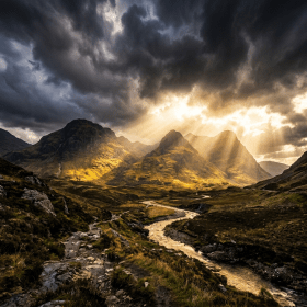 Mountain valley with a winding river under dramatic sun rays and dark clouds